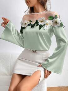 SHEIN Privé 女式露肩緞面上衣，花朵裝飾和飄逸袖子，適合夏季 - 薄荷綠 - 查看 4