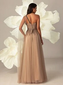 VIPGIRL Women Mesh Oblique-Shoulder Long Evening Dress Elegant Formal Prom Wedding Guest Gown, For Graduation, Dinner - Khaki - View 2