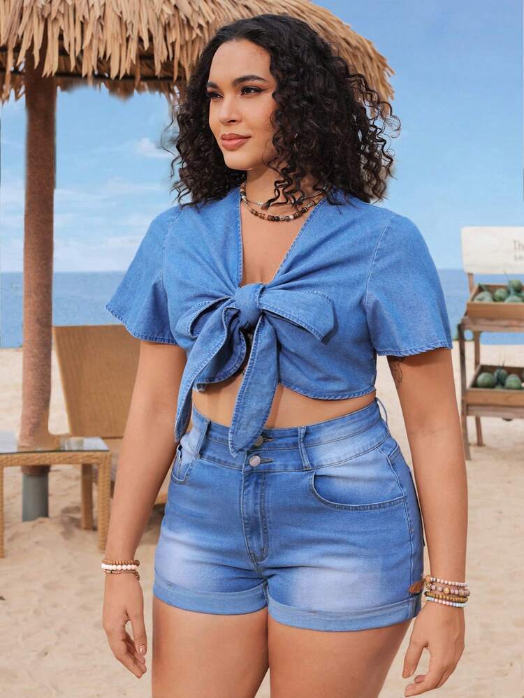 Plus Size Women Summer Short Sleeve Cropped Denim Top With Front Tie Knot