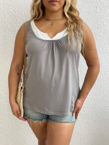 Calvaya Plus Size Summer Casual Color Block Pleated Loose Basic Tank Top