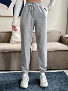 RueChic Drawstring Waist Slant Pocket Sweatpants - Grey - View 5