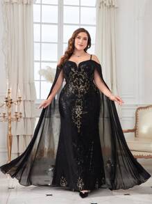 Plus Size Cold Shoulder Sequined Flutter Sleeve Mermaid Evening Dress - Black - View 1