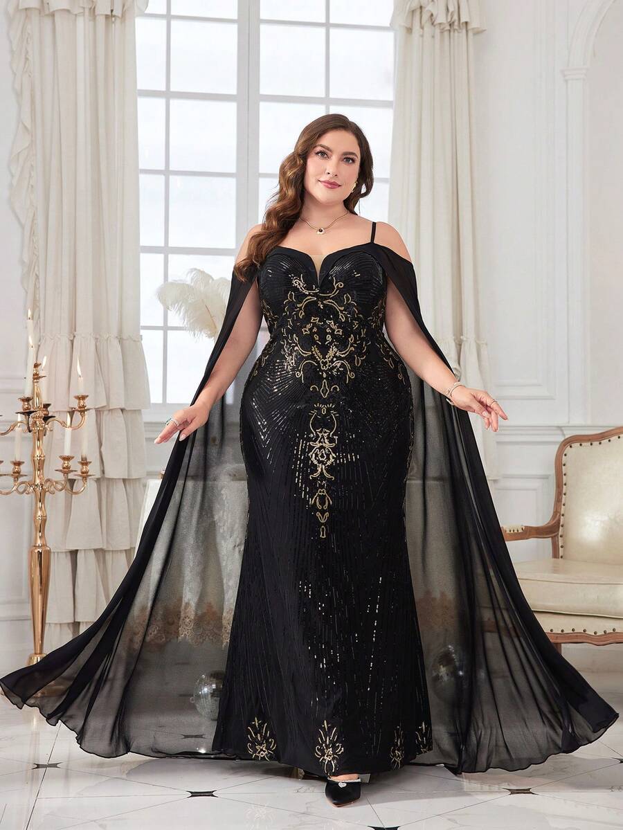 Plus Size Cold Shoulder Sequined Flutter Sleeve Mermaid Evening Dress - Black - View 1