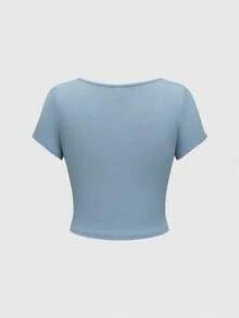 ROMWE Fairycore Starfish Embroidery Patchwork Lace Chest Ruffle Short Sleeves Slim Fit Casual T-Shirt For Summer - Baby Blue - View 5