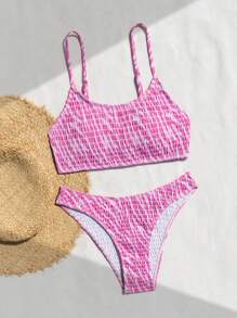 SHEIN Swim Summer Beach Ladies Vacation Pattern Print Cami Bikini Set With Random Printed - Pink - View 4