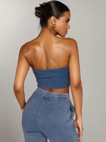 SHEIN BAE Áo Bralette phai màu theo phong cách vùng hoang mạc màu trơn, áo crop top viền bất đối xứng cut-out, áo ba lỗ dệt kim màu xanh xám, dành cho nữ, thích hợp để đi chơi, hàng ngày, thường ngày và tất cả các trang phục phù hợp trong mùa xuân và mùa hè - Màu xanh bụi bặm - Xem 2