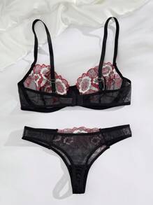 女性性感透視花朵刺繡內衣套裝 - 彩色 - 查看 2