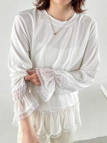 FRIFUL Designer Áo thun lưới phối màu trơn cho nữ với thiết kế độc đáo, áo dài tay nhún bèo cho nữ, quần áo thu cho nữ - trắng - Xem 6