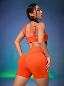 SHEIN Sports Women Solid Color Sports Tank Top And Shorts Set/Seamless/Waist Support - Orange - View 4