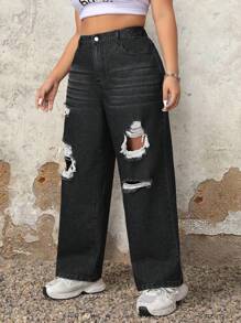 SHEIN ICON 大碼女士鬆身寬腳牛仔褲，破洞細節和口袋設計 - 黑色 - 查看 4