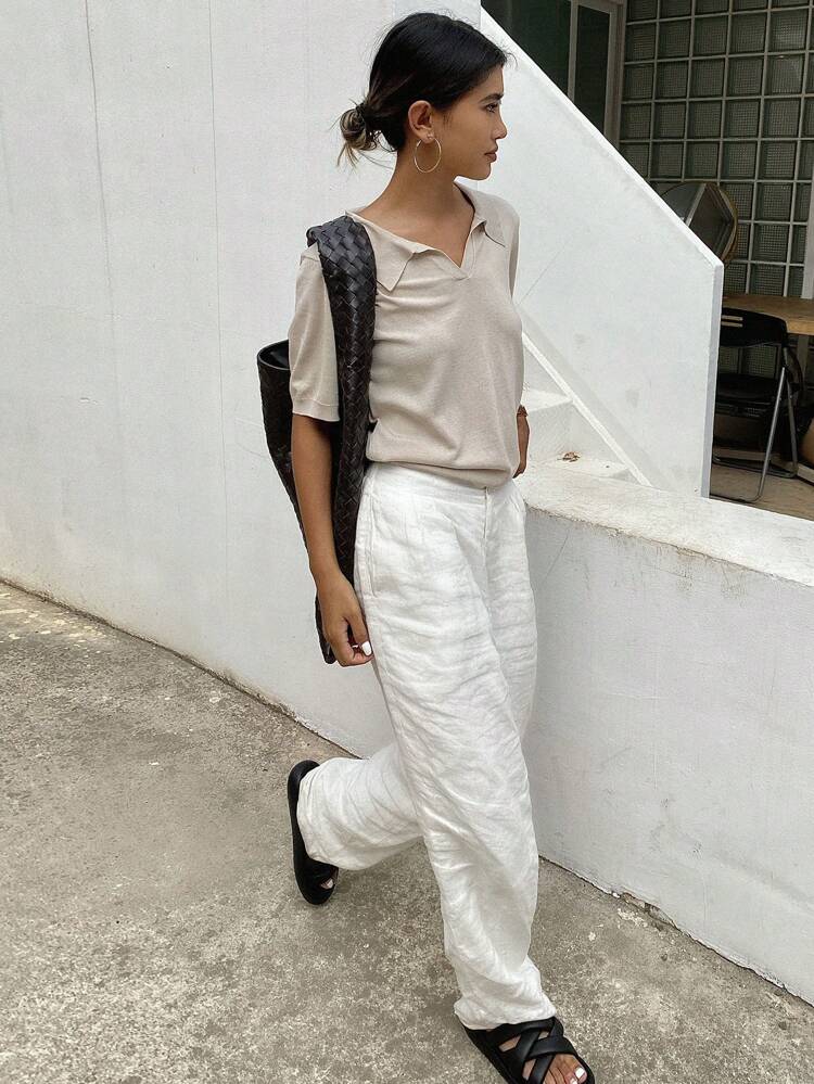 Solid Color Short Sleeve Polo Collar Loose Women Knitted Top Summer