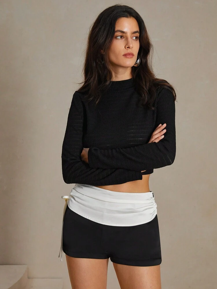 Ladies Color-Block Satin Tie Waist Shorts