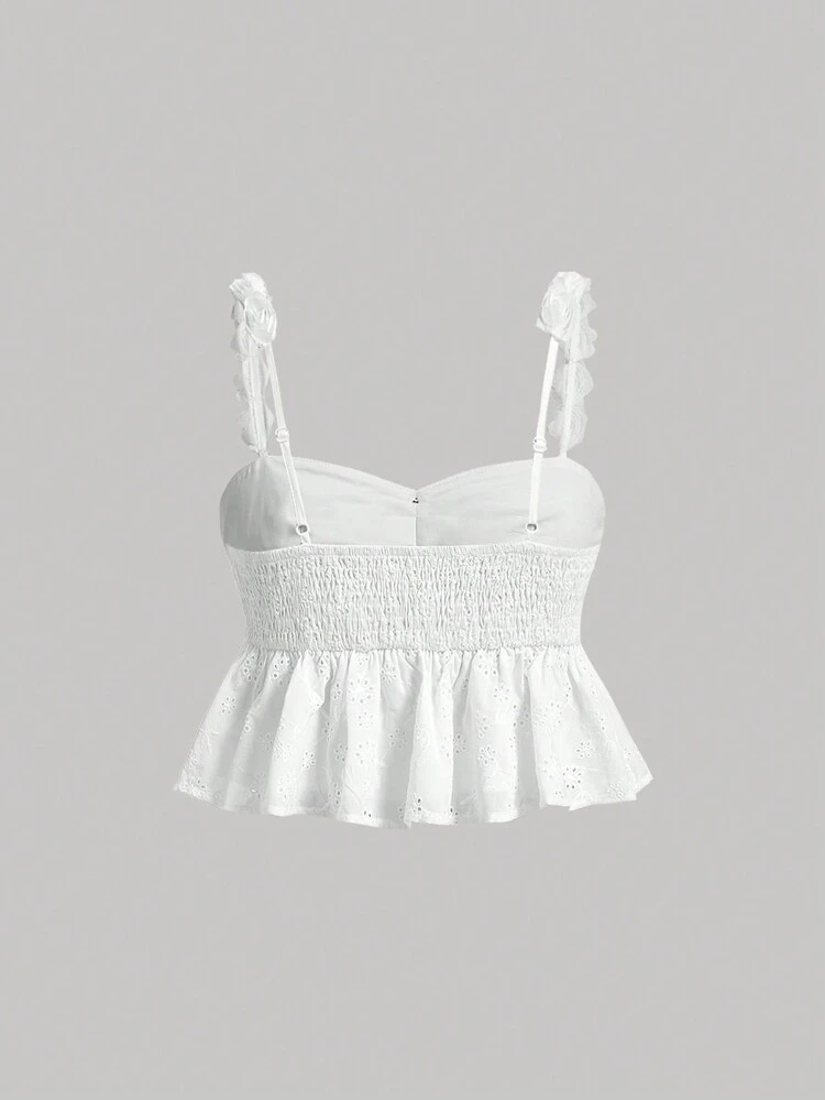 Summer Holiday Dating Floral Applique Bowknot Decorated Halter Top With Ruffle Hem