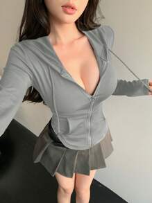 DAZY Sudadera con capucha con cordón, cintura ajustable, cremallera frontal, manga larga y bolsillos para primavera y verano - Gris Claro - Ver 3