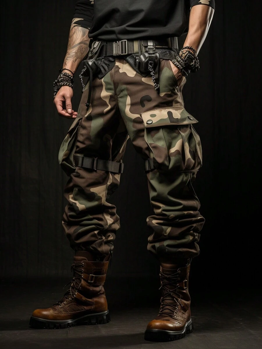 迷彩多口袋男式戶外工作裝，多功能設計 - 軍綠色 - 查看 1