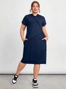SHEIN Essnce Women Plus Size Loose Fit Casual Hooded Short Sleeve Patchwork Dress With Stitching Design - Navy Blue - View 1