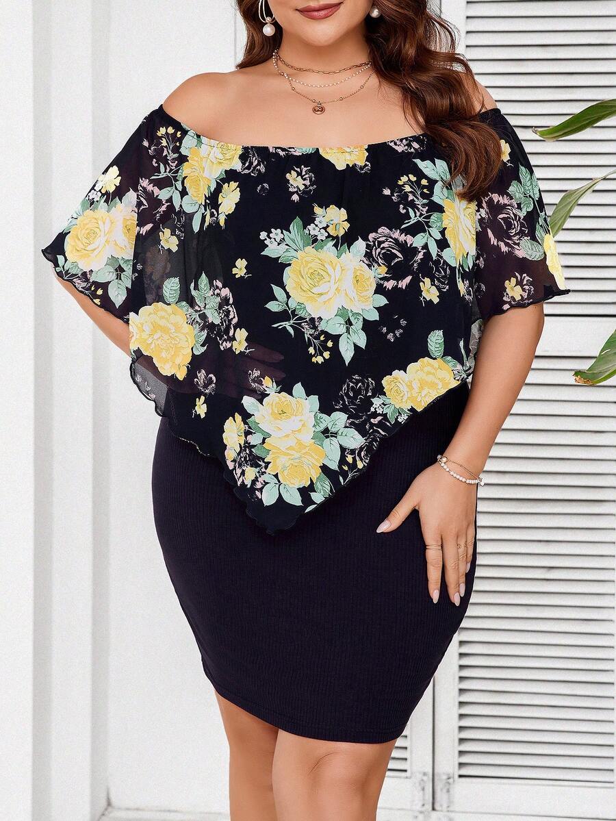 SHEIN Clasi 加大碼花卉印花露肩連身裙 - 藏蓝色 - 查看 1