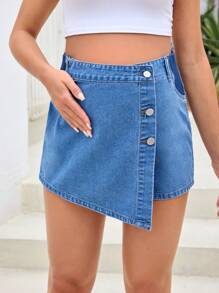 SHEIN Schwangerschaftsmoderne und lässige gestreifte asymmetrische Stretch-Denim-Shorts mit Saum, Frühling und Sommer - Helle Waschung - Übersicht 1