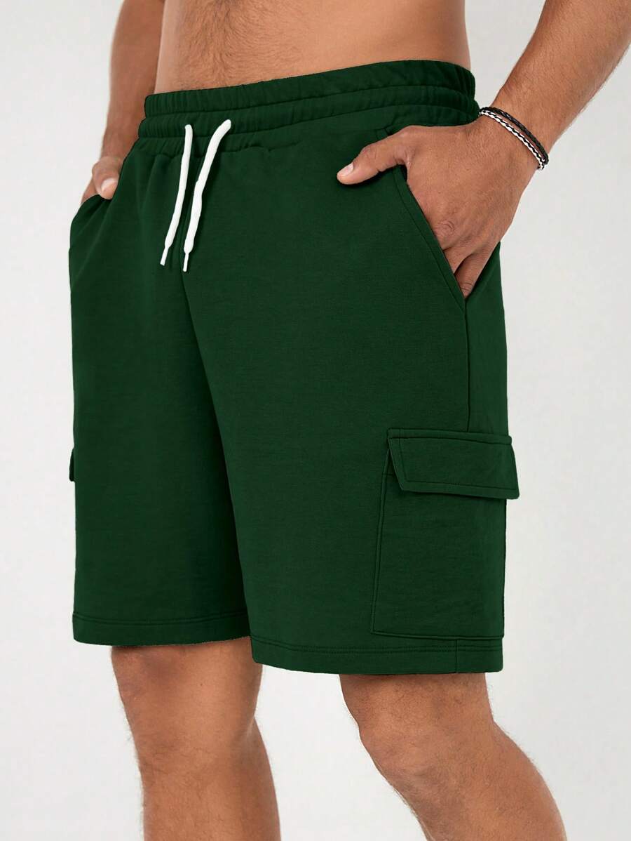 RueChic Men Solid Color Drawstring Shorts With Pockets For Summer - Green - View 1