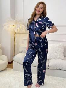 Contrasting Edge Heart Print Short Sleeve Shirt And Pants Pajama Set - Multicolor - View 5
