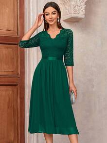 MIUSOL V Neck Floral Lace Bodice Chiffon Prom Party Swing Dress - Dark Green - View 4