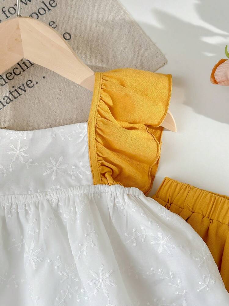 Young Girl Weaving Color Contrasting Ruffle Trim Square Neck Loose Casual Shirt With Weaving Solid Color Shorts 2-Piece Set