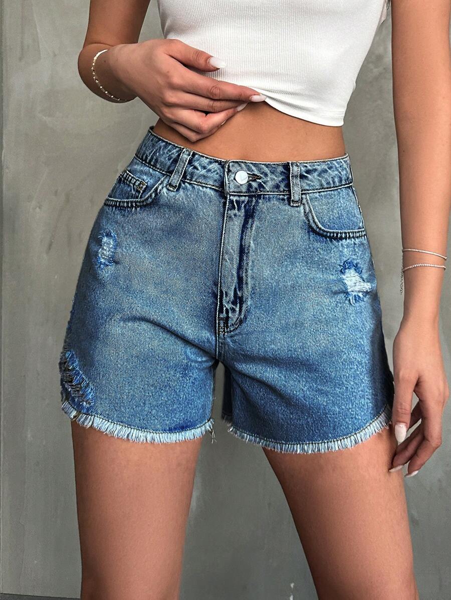 Women Casual Spring/Summer Frayed Edge Distressed Denim Shorts - Medium Wash - View 1