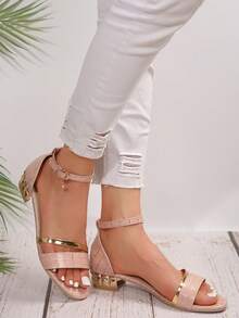 女士凉鞋夏季 2024 新款时尚系带扣平底鞋配裙边粗跟仙女款时尚 - 粉色 - 查看 5