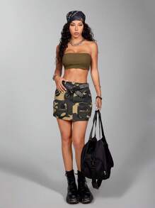 SHEIN EZwear 2024 Summer Casual Y2K Streetwear Workwear Denim Effect Camouflage Tight-Fitting Hip Skirt - Army Green - View 3