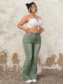 SHEIN ICON Plus Size Nữ Quần Jean Ống Loe Thường Ngày Có Túi - màu xanh lá - Xem 6
