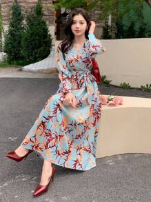 DAZY Women V-Neck Tie Belt Printed Dress For Spring/Fall Holiday Long Sleeve Dress Vacation Outfits Women Floral Dress Boho - Green - View 2