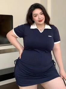 Dazy Plus 大碼字母刺繡拼接彩塊翻領短袖修身連衣裙 - 藏蓝色 - 查看 3