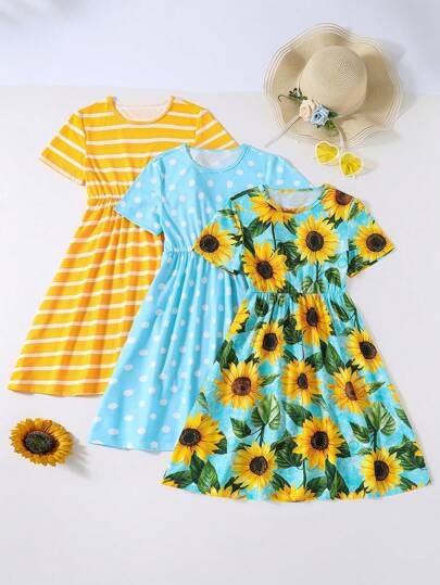 SHEIN Sparklyn 3pcs/Set Tween Girls Striped Polka Dots Sunflower Pattern Printed Casual Short Sleeve Dress For Summer, School, Campus, College
