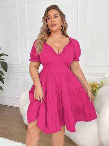 Flirla Plus Size V-Neck Ruffle Hem Summer Holiday Dress - Hot Pink - View 7