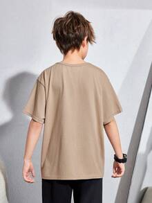 Tween Boy Loose Fit Áo thun màu trơn có cổ chữ V phong cách Hàn Quốc - Màu Khaki - Xem 2