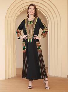 优雅刺绣阿拉伯长袍 JALABIA，圆领，传统优雅，2025 春夏款，斋月，宰牲节 - 黑色 - 查看 5