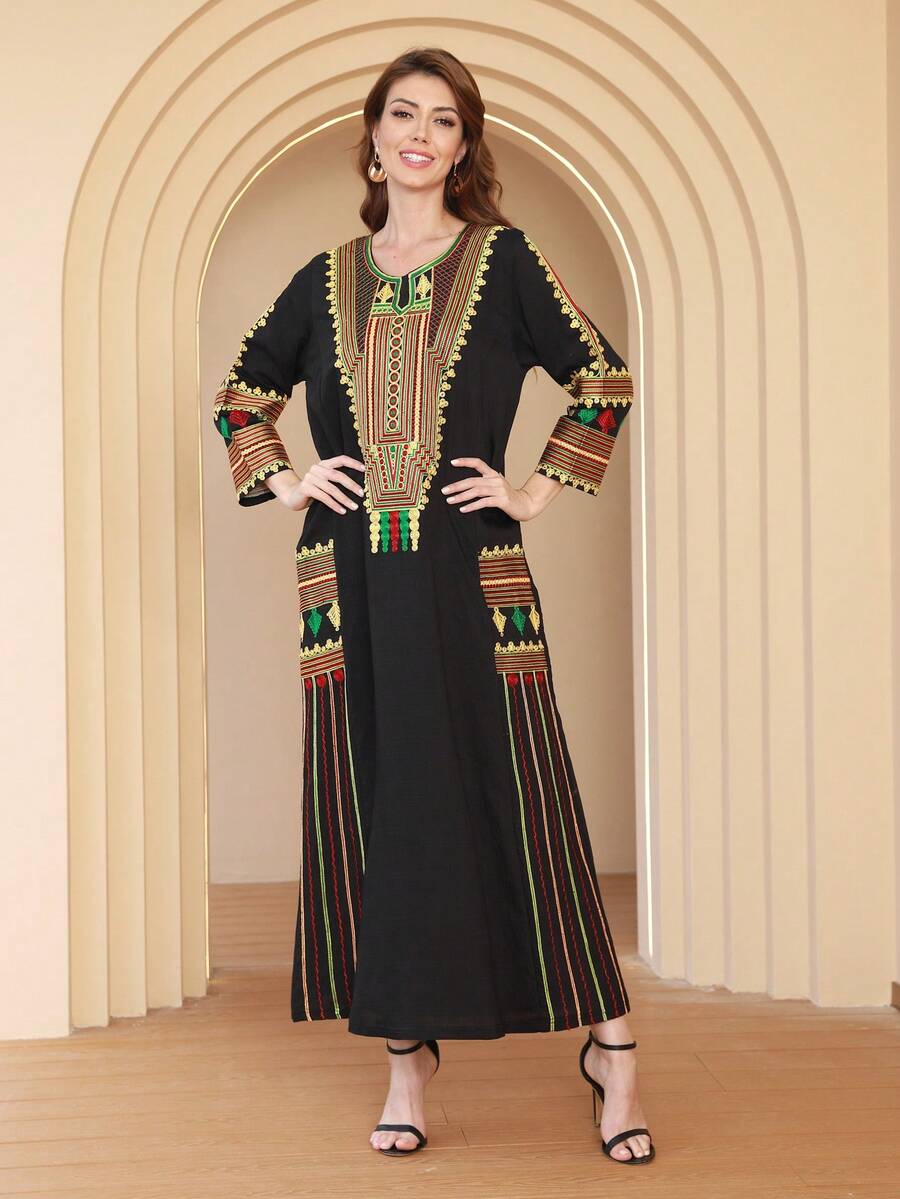 ASBB 重工刺繡彩色阿拉伯女款 JALABIYA 圓領長袖黑色優雅洋裝，2026 秋季派對度假休閒穿搭，沙烏地阿拉伯國慶日服飾