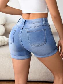 SHEIN PETITE Pantalones cortos de mezclilla desgastados y deshilachados para mujer para uso diario en verano - Lavado ligero - Ver 2