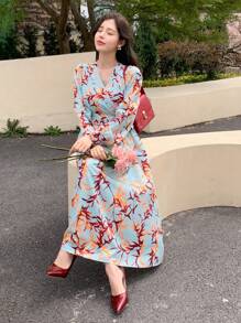 DAZY Women V-Neck Tie Belt Printed Dress For Spring/Fall Holiday Long Sleeve Dress Vacation Outfits Women Floral Dress Boho - Green - View 4