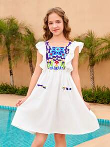 SHEIN Tween Girl Holiday Printed Patchwork Ruffle Hem Dress - Multicolor - View 5