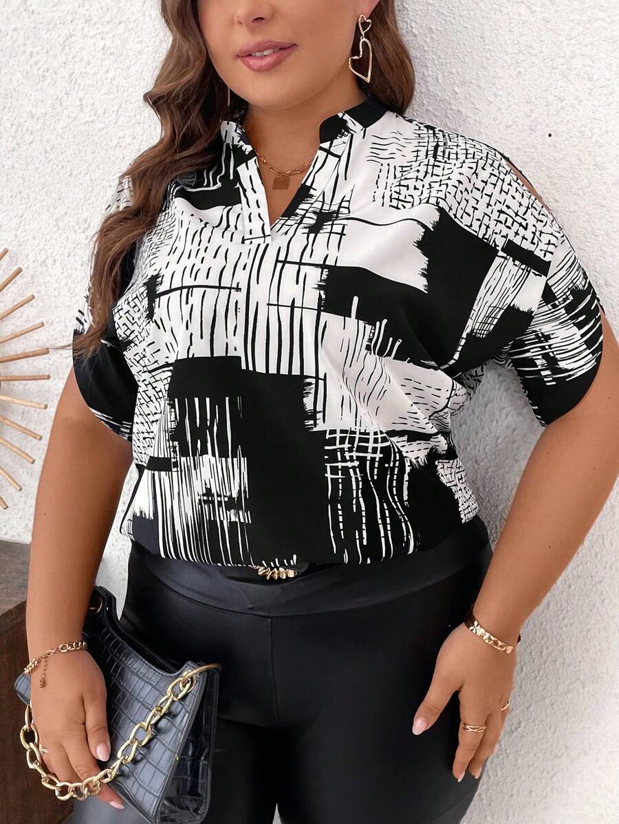 SHEIN Clasi Camisa de verano casual de talla grande con cuello de muesca y estampado completo con bloques de color - Blanco y Negro - Ver 1