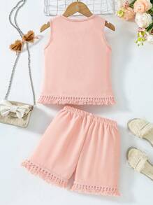 Young Girl 2pcs/Set Fringe Hem Tank Top And Shorts Outfit - Pink - View 2