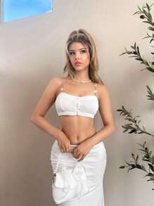 Sweetina Women Summer Single-Breasted Short Rhinestone Chain Strap Camisole - White - View 5