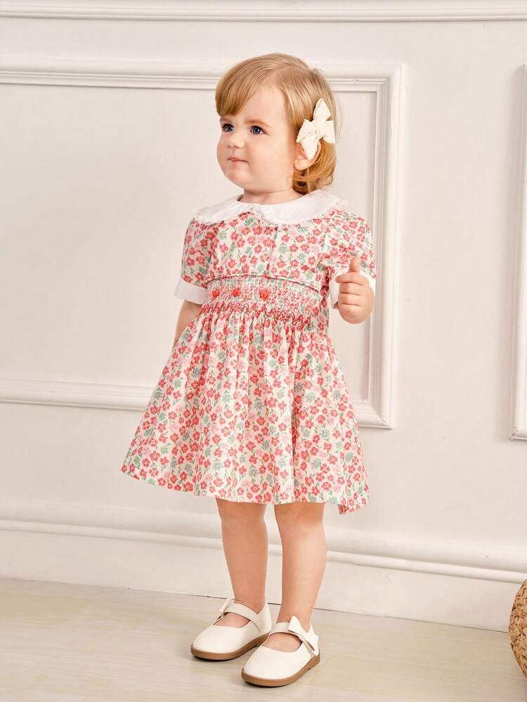 Baby Girl\ Summer Elegant Peter Pan Collar Shirred Waist Bubble Sleeve Dress With Floral Prints