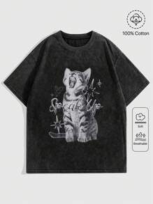 ROMWE Grunge Punk 女士复古水洗酸洗宽松T恤，可爱猫咪印花，适合上学穿着，男女皆宜 - 黑色 - 查看 2