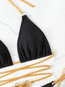 Swim SXY Ladies" Color Block Belted Sexy Bikini Set Summer Beach - Black - View 7
