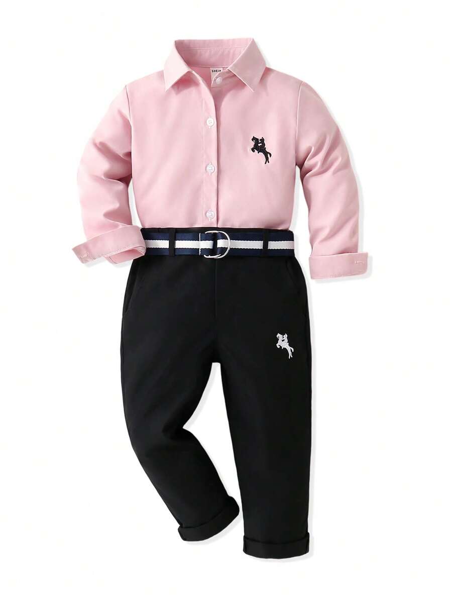 SHEIN 小男孩純色長袖襯衫與褲子套裝 - 粉色 - 查看 1
