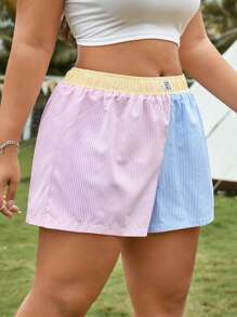 Comfortcana Plus Size Contrast Color Striped Casual Beach Shorts, Summer - Multicolor - View 4