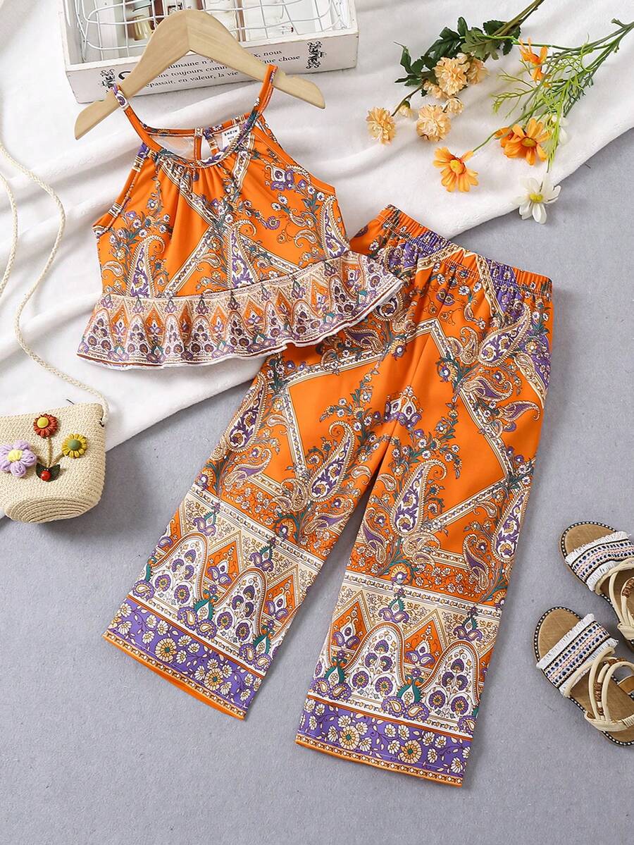 年輕女孩優雅風格露背上衣褲裝2件套裝 - 亮橙色 - 查看 1