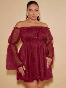 SHEIN BAE Plus Size Sparkly Off Shoulder Bell Sleeve Cinching Waist Dress For Summer - Burgundy - View 6